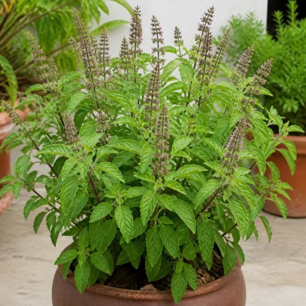 Realistic, clean image of Tulasi plants (holy basil) with lush green leaves, healthy potted plants, natural daylight, soft shadows, fresh and serene garden look. (1) Tulasi Plant